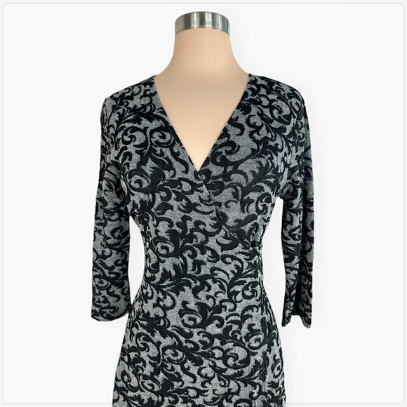 Coldwater Creek Black Gray Fleur De Lis Faux Wrap Look Stretch Knit Dress 10 - Picture 2 of 4